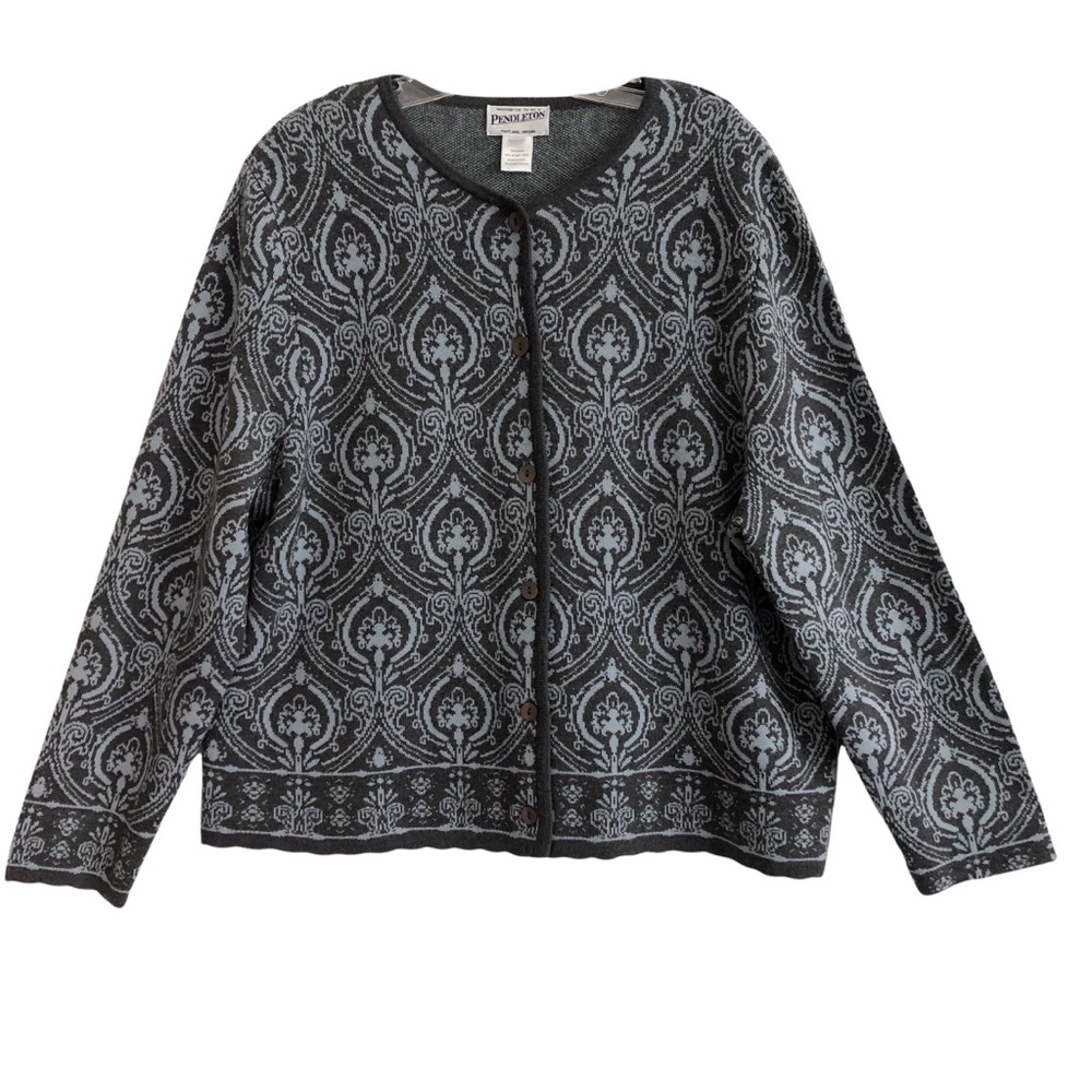 Pendleton Gray Blue Paisley Merino Wool Cardigan XL